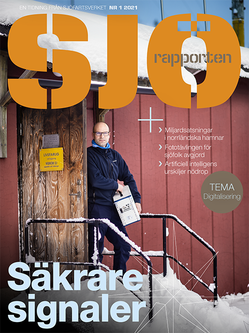 Sjörapporten nr 1 2021 - Tema Digitalisering. Läs tidningen genom länken i texten. Omslag av Sjörapporten nummer 1 2021.