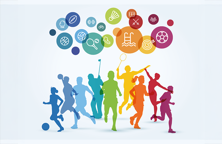 Bild på silhuetter i olika färger, som utför olika idrotter