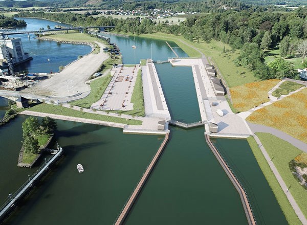 Drönarbild på den nya triangelslussen som finns i Lilla Edet