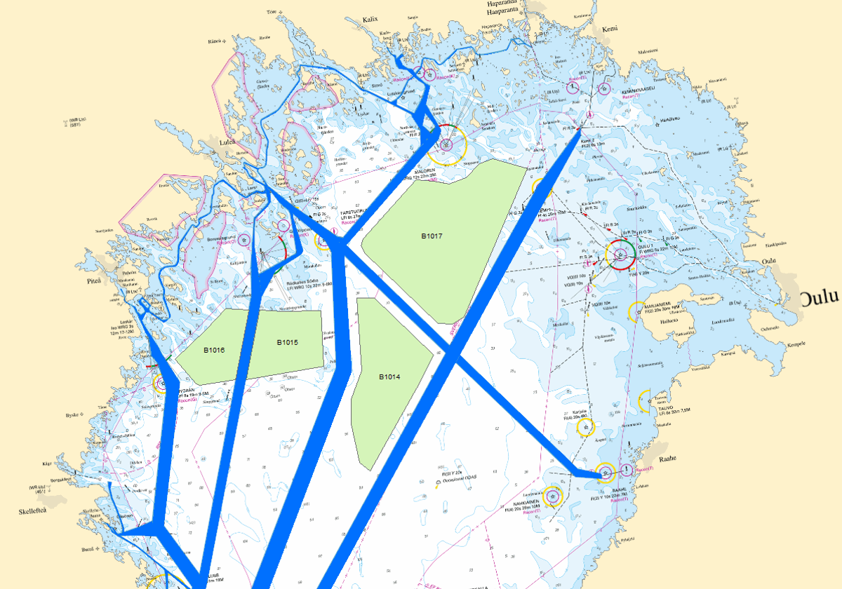 Blåa strecken visar de rutter fartygen använder i normala fall från kvarken in till hamnar i Bottenviken. Rutter mellan